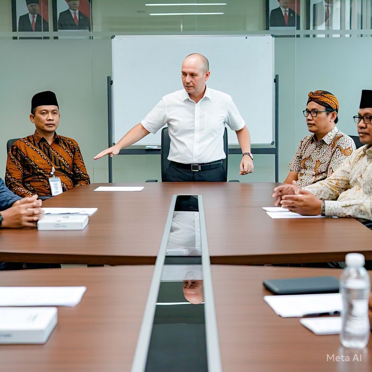 GAMBAR, orang bule tengah memberikan arahan kepada pegawai di ruang rapat